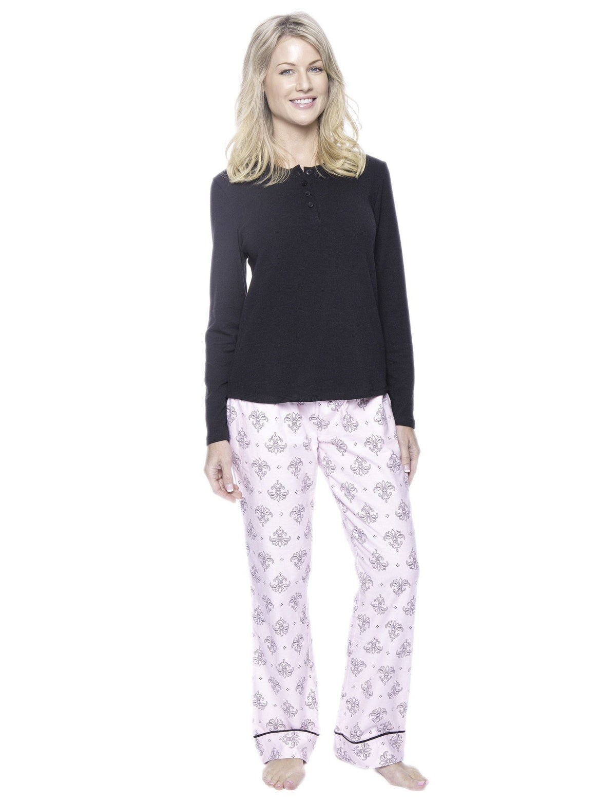 Womens Premium 100% Cotton Flannel Loungewear Set - Fleur Pink/Black