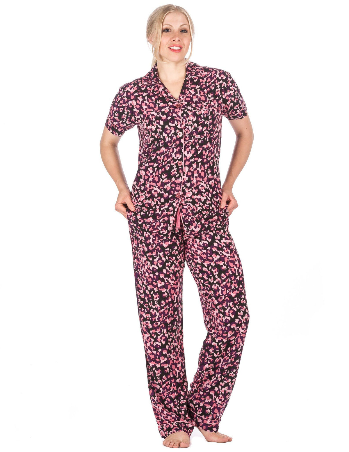 Women's Cool Breeze Woven Short Sleeve Pajama Set - Leopard - Purple/Pink