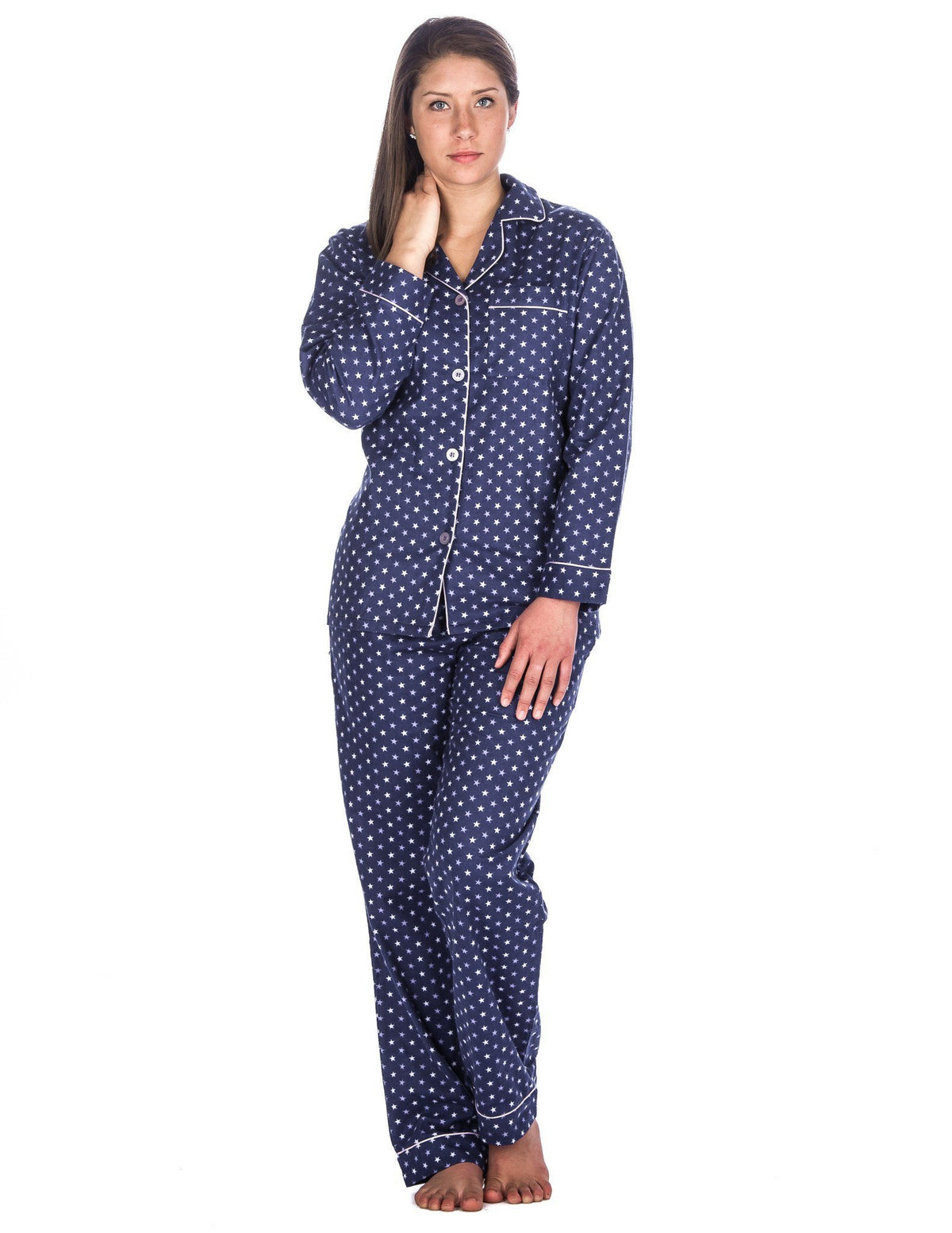 Realxed Fit Womens 100% Cotton Flannel Pajama Sleepwear Set - Stars Blue