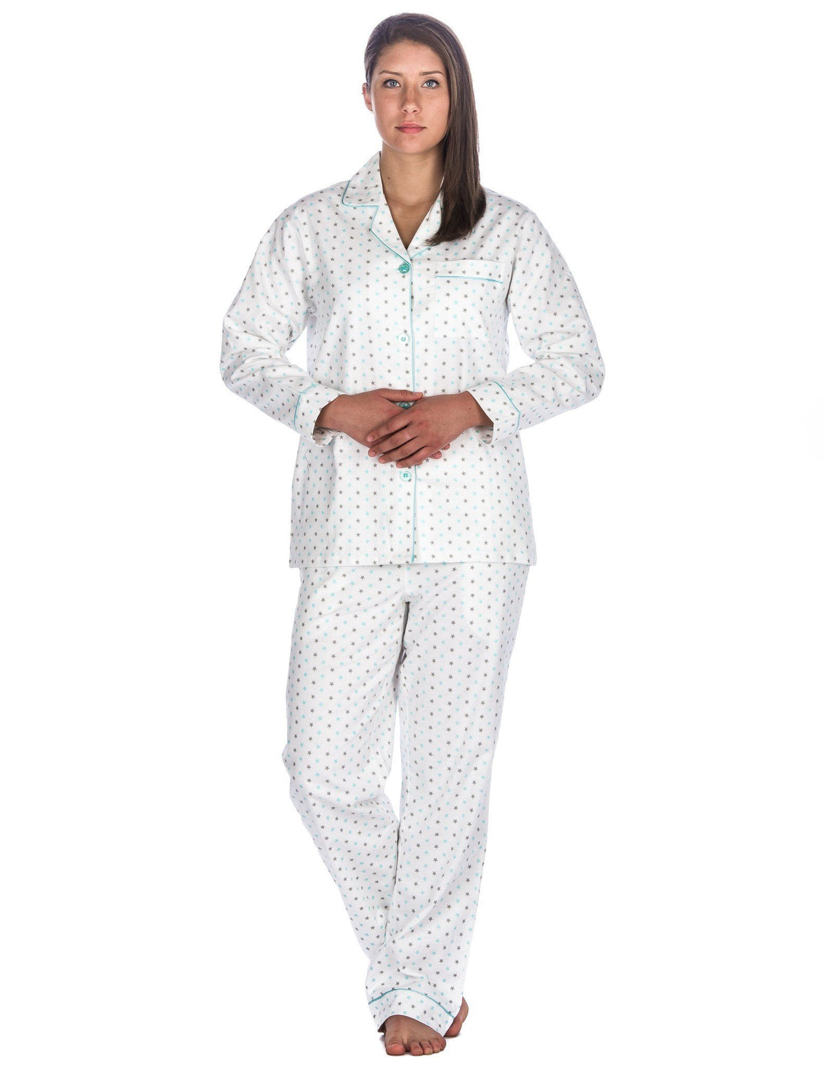 Realxed Fit Womens 100% Cotton Flannel Pajama Sleepwear Set - Stars White
