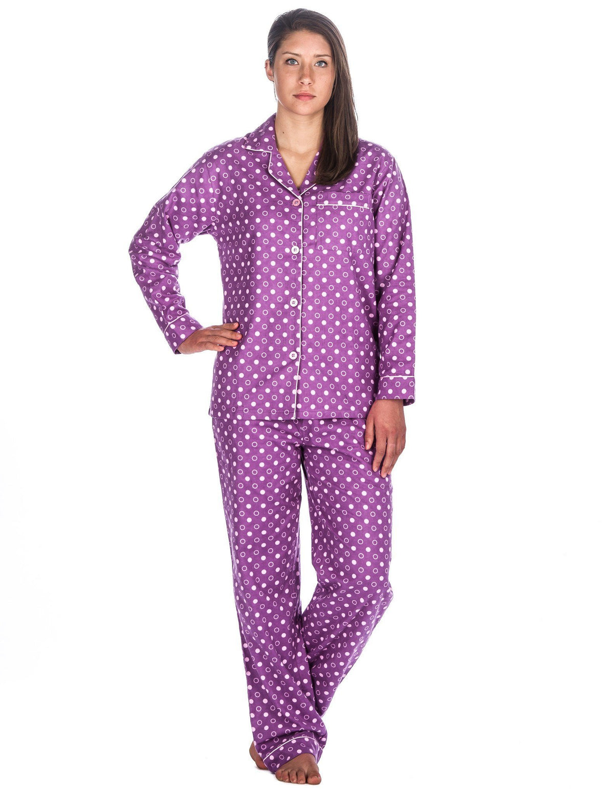 Realxed Fit Womens 100% Cotton Flannel Pajama Sleepwear Set - Polka Circles Purple