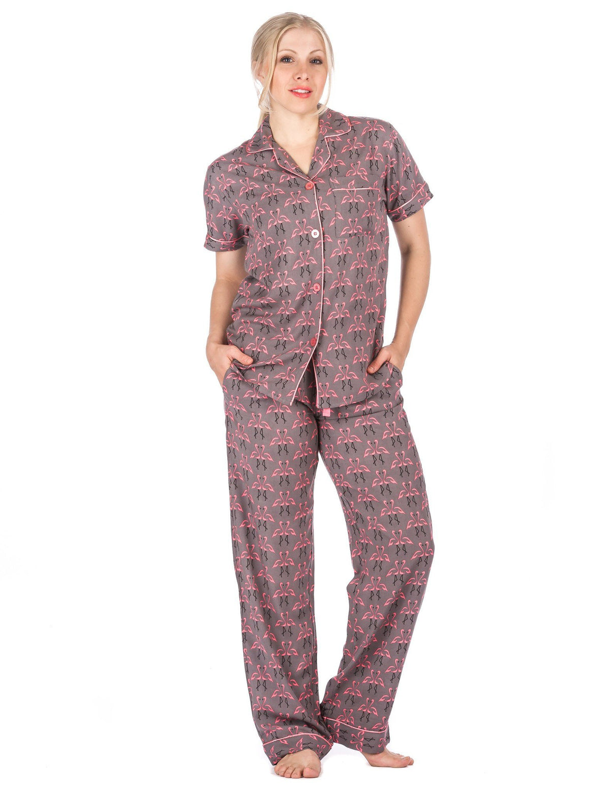 Women's Cool Breeze Woven Short Sleeve Pajama Set - Flamingos - Grey/Pink