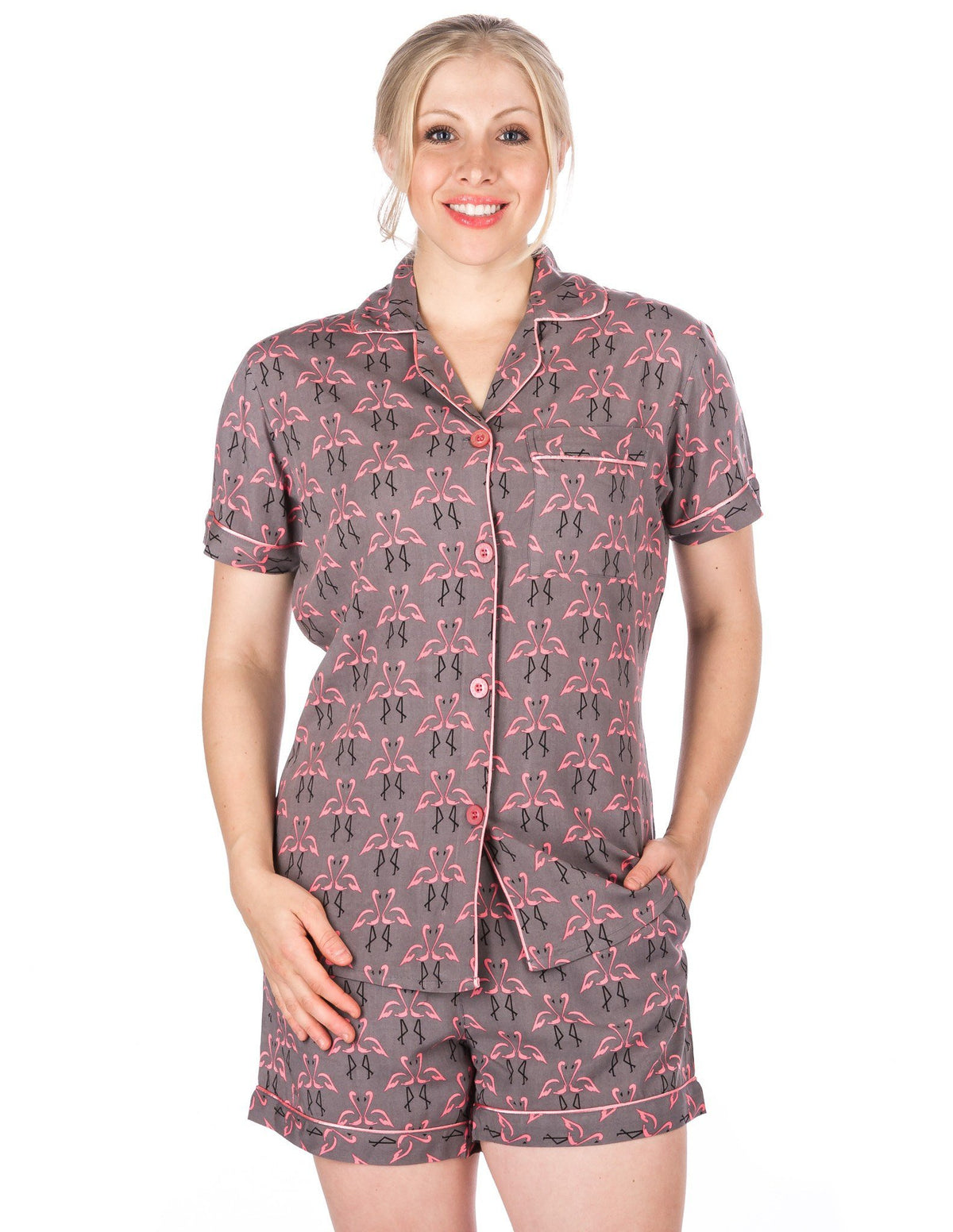 Women's Cool Breeze Woven Short Pajama Set - Flamingos Grey/Pink