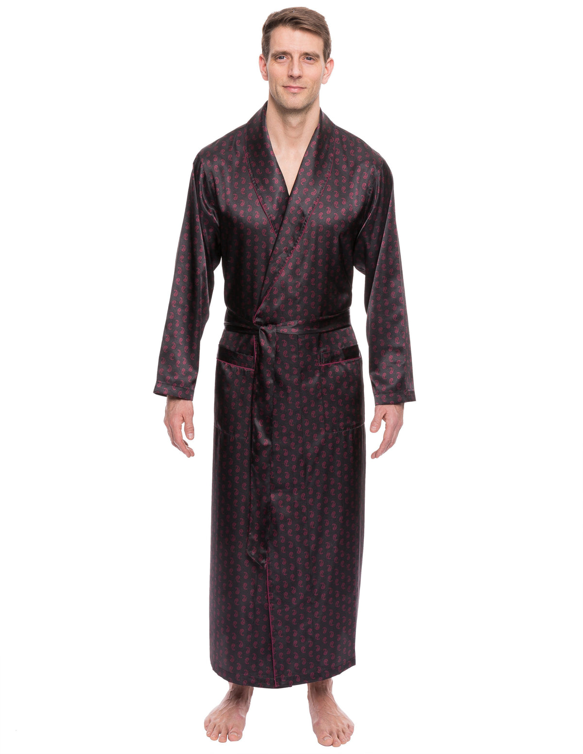 Men's Satin Long Robe - Paisley Black/Fig