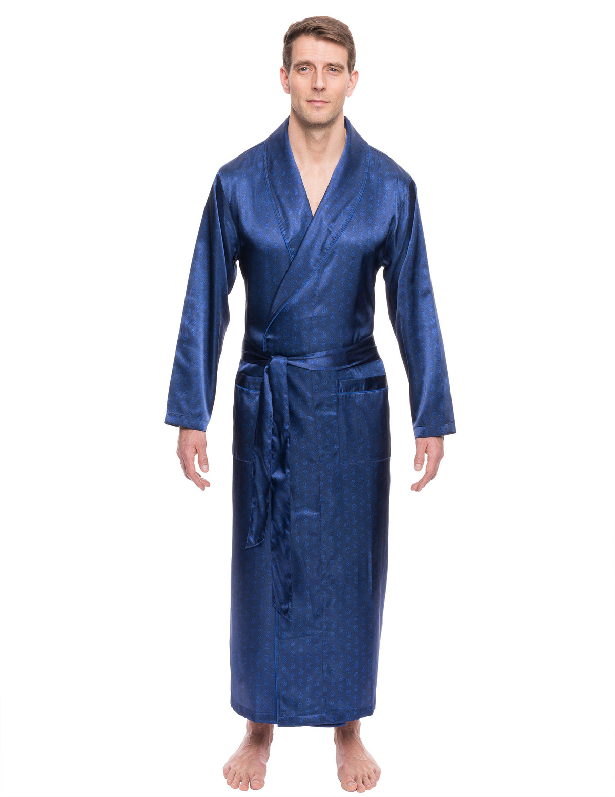 Men's Satin Long Robe - Paisley Blue
