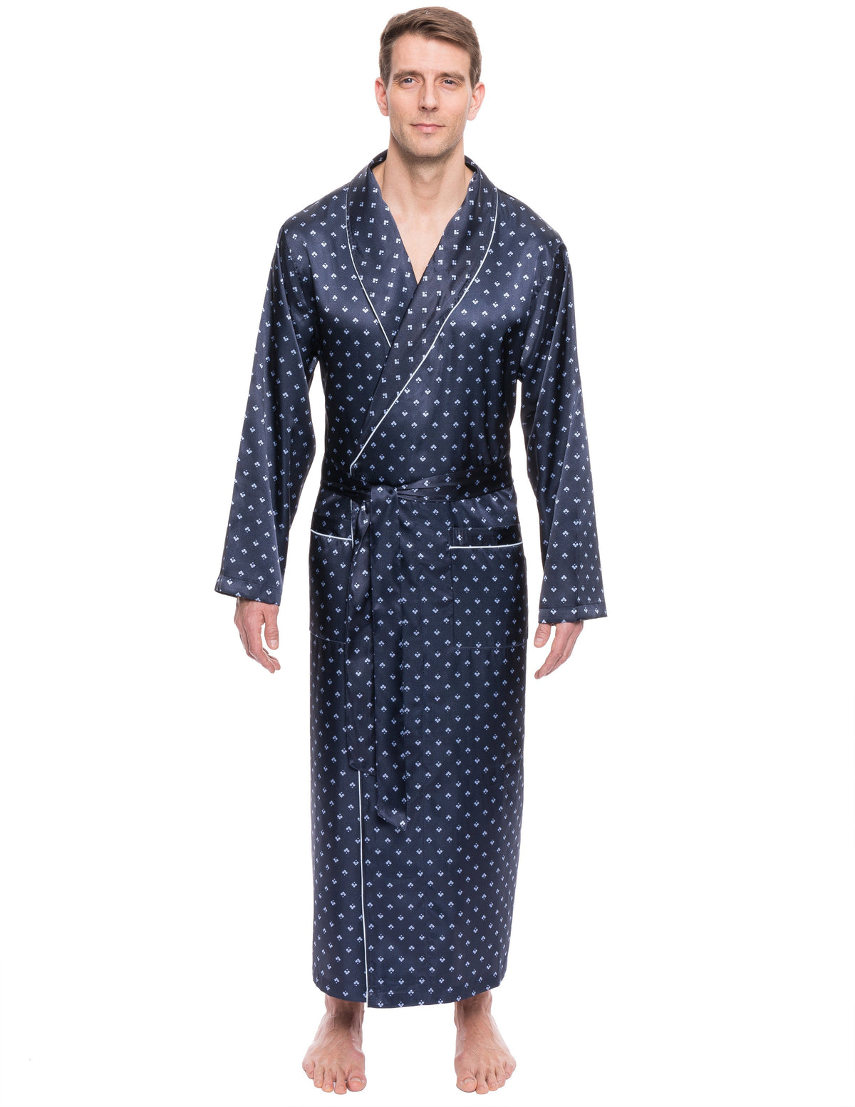 Men's Satin Long Robe - Diamond Squares Dark Blue