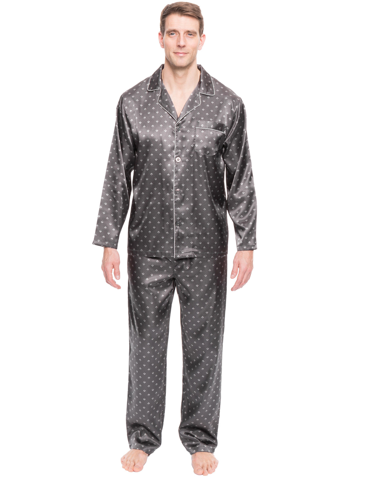 Mens Satin Sleepwear/Pajama Set - Diamond Squares Dark Grey