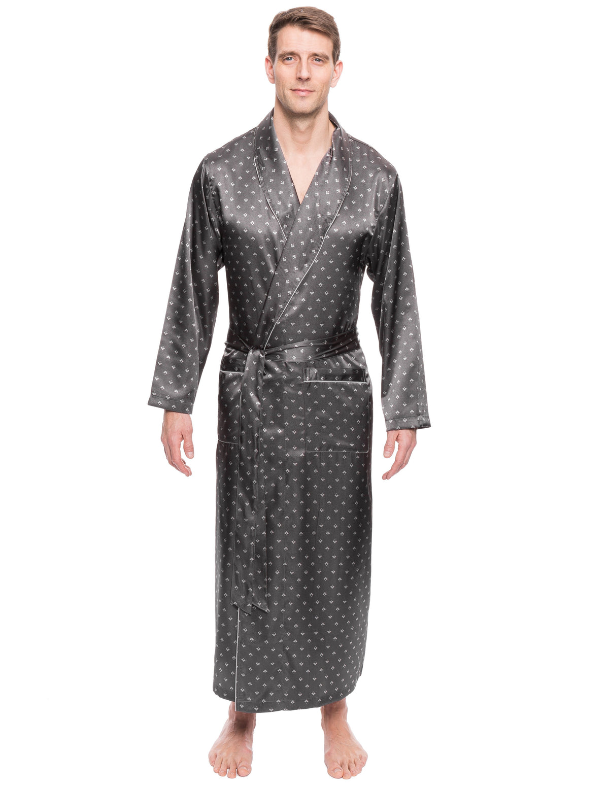 Men's Satin Long Robe - Diamond Squares Dark Grey