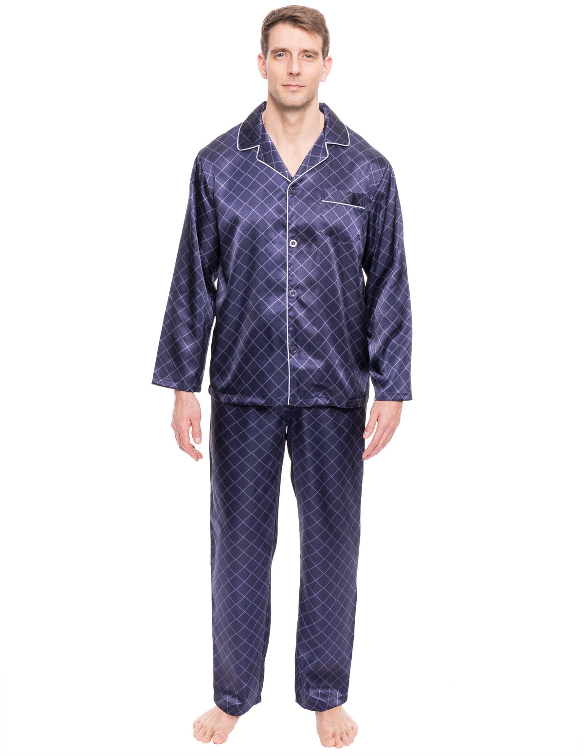 Mens Satin Sleepwear/Pajama Set - Diamond Windowpane Navy