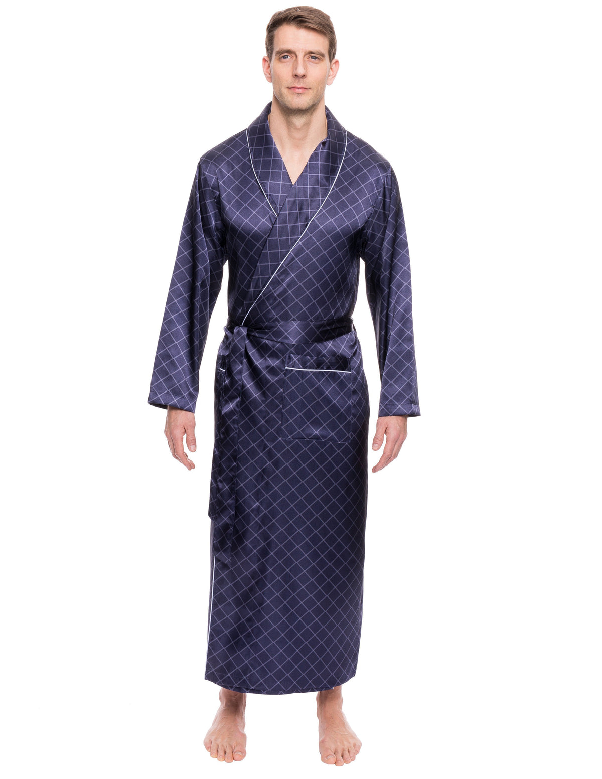Men's Satin Long Robe - Diamond Windowpane Navy