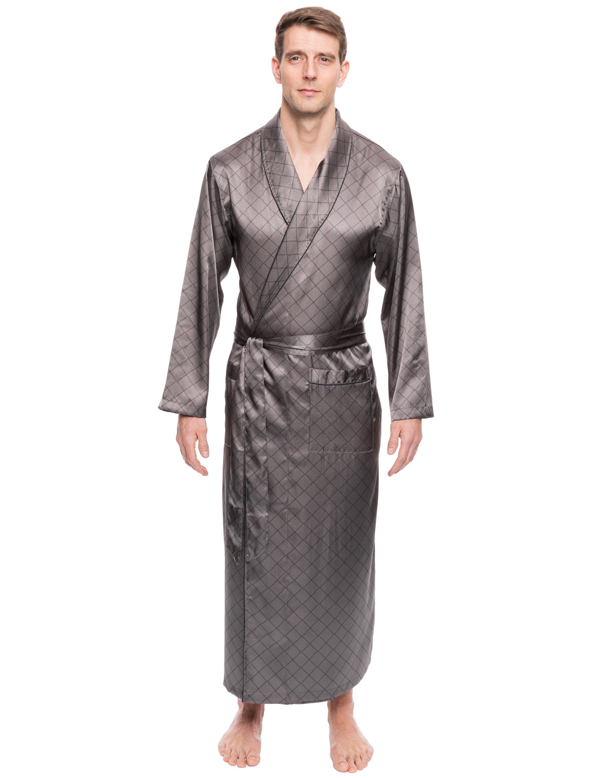 Men's Satin Long Robe - Diamond Windowpane Charcoal