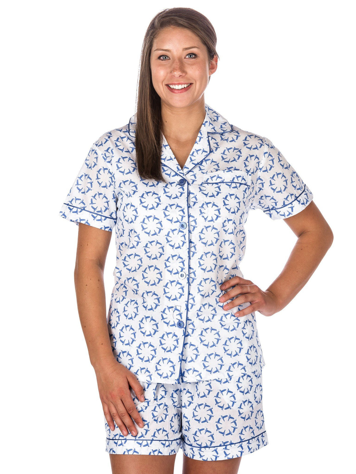 Women's Premium 100% Cotton Poplin Short Pajama Set - Humming Wheels - Blue
