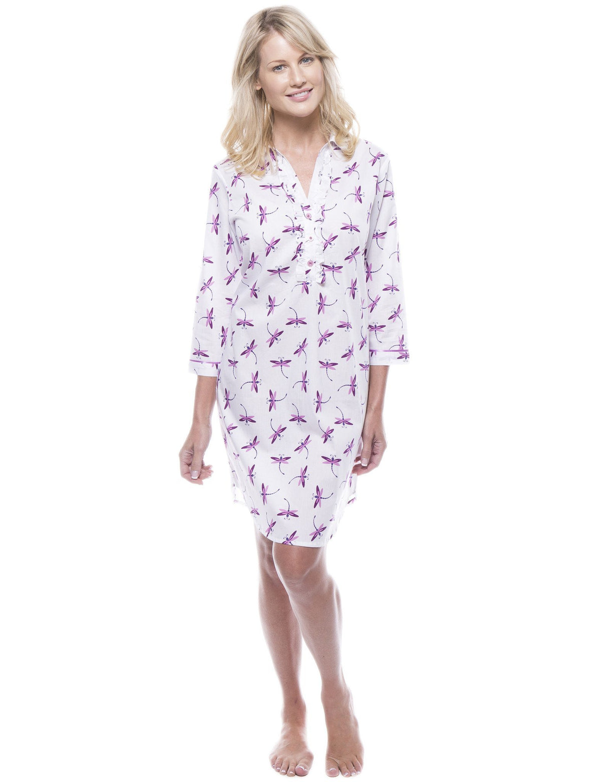 Women's 100% Cotton Poplin Long Sleeve Tunic Sleep Shirt - Firefly White/Purple