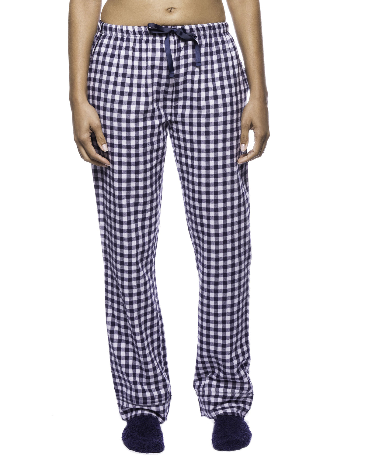 Womens Premium 100% Cotton Flannel Lounge Pants - Gingham Blue/Heather