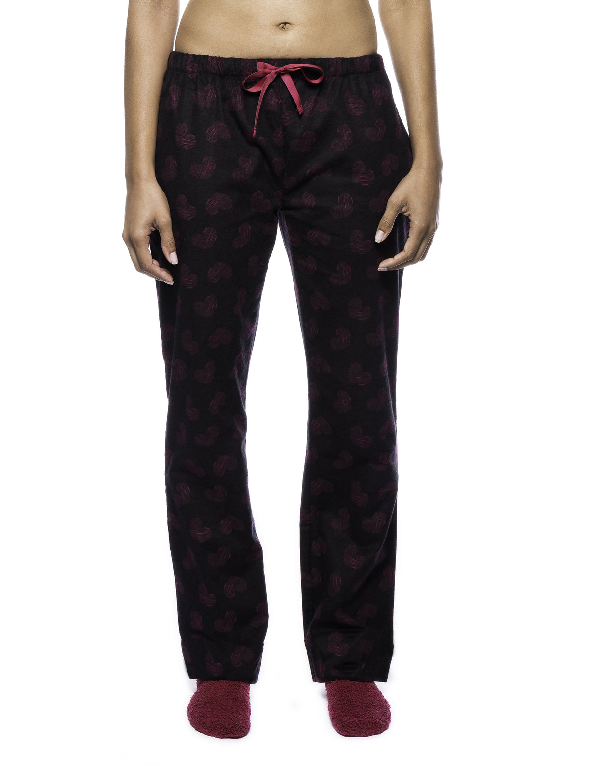 Womens Premium 100% Cotton Flannel Lounge Pants - Hearts Black/Red