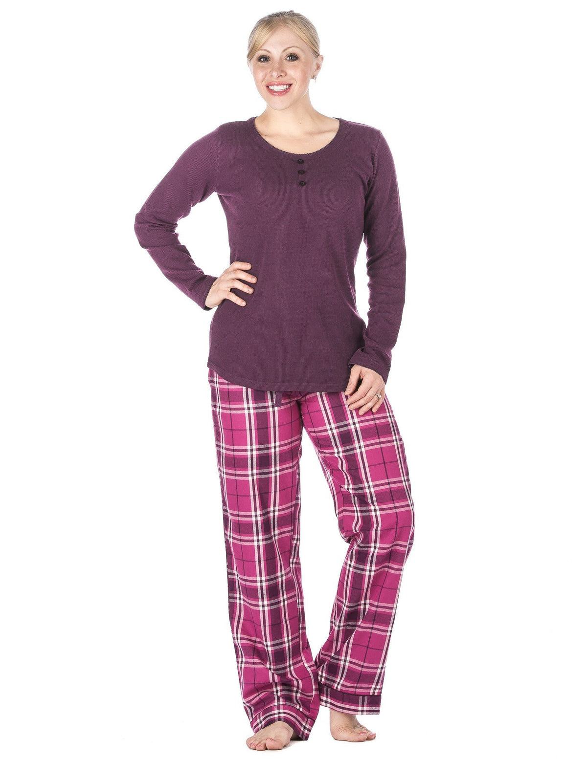 Womens Premium 100% Cotton Flannel Loungewear Set - Relaxed Fit - Plaid - Purple/Pink