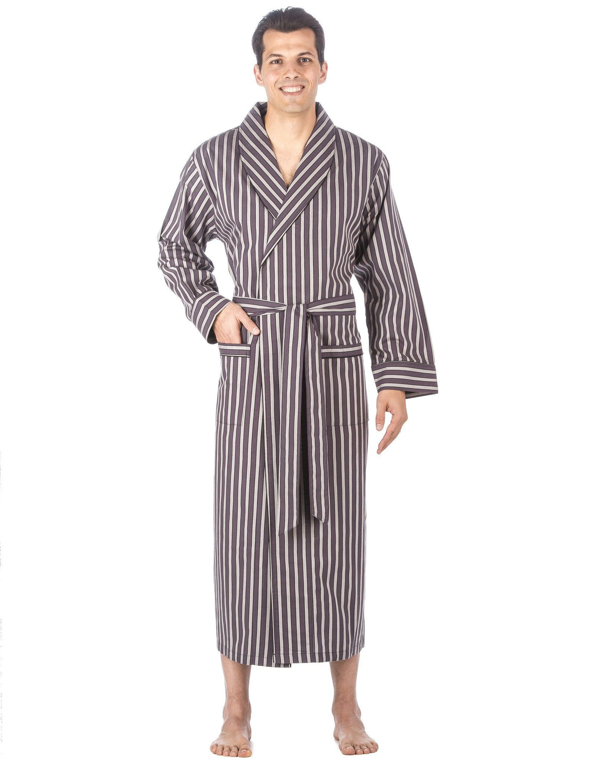 Men's Premium 100% Cotton Full-Length Robe - Stripes Grey Tone
