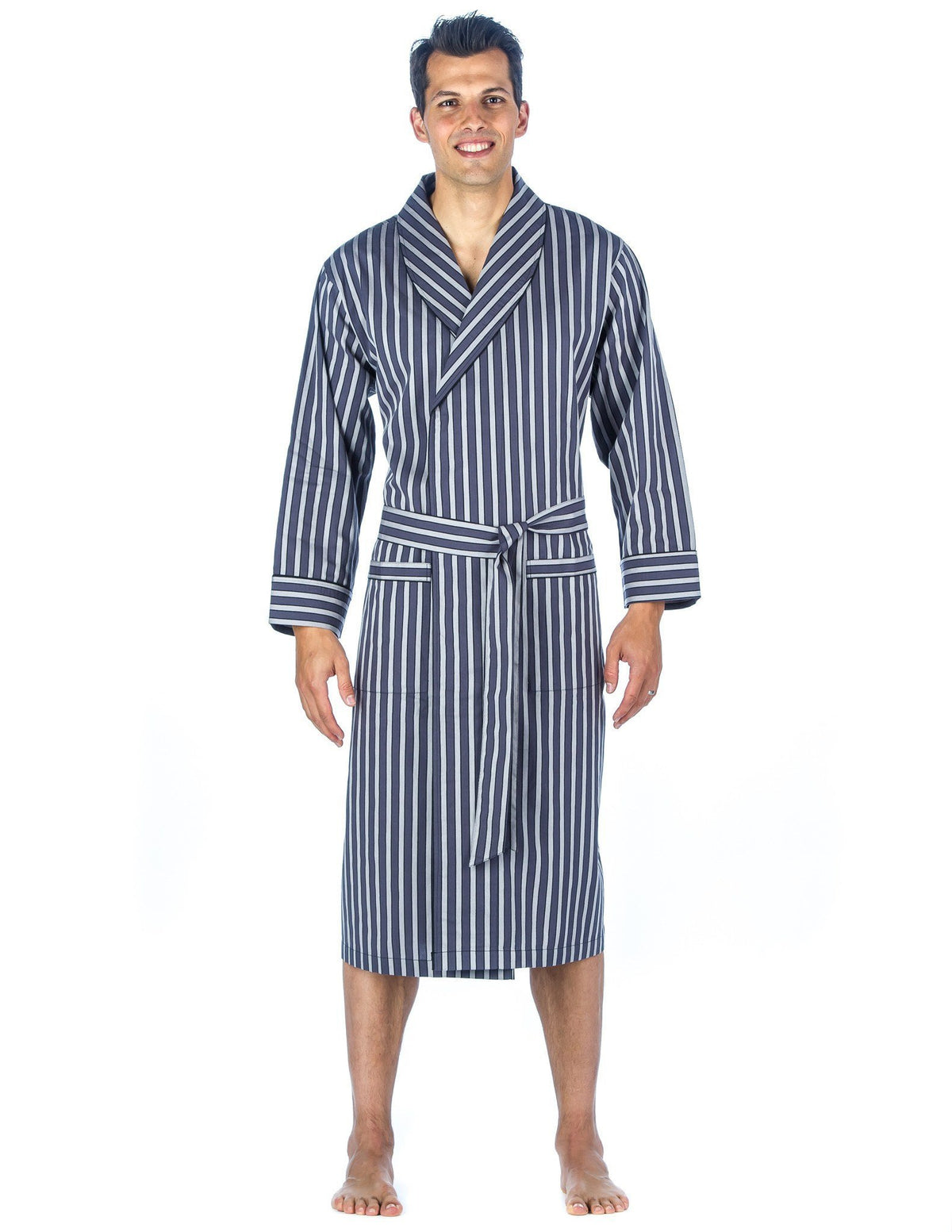 Mens Premium 100% Cotton Robe - Stripes Grey Tone