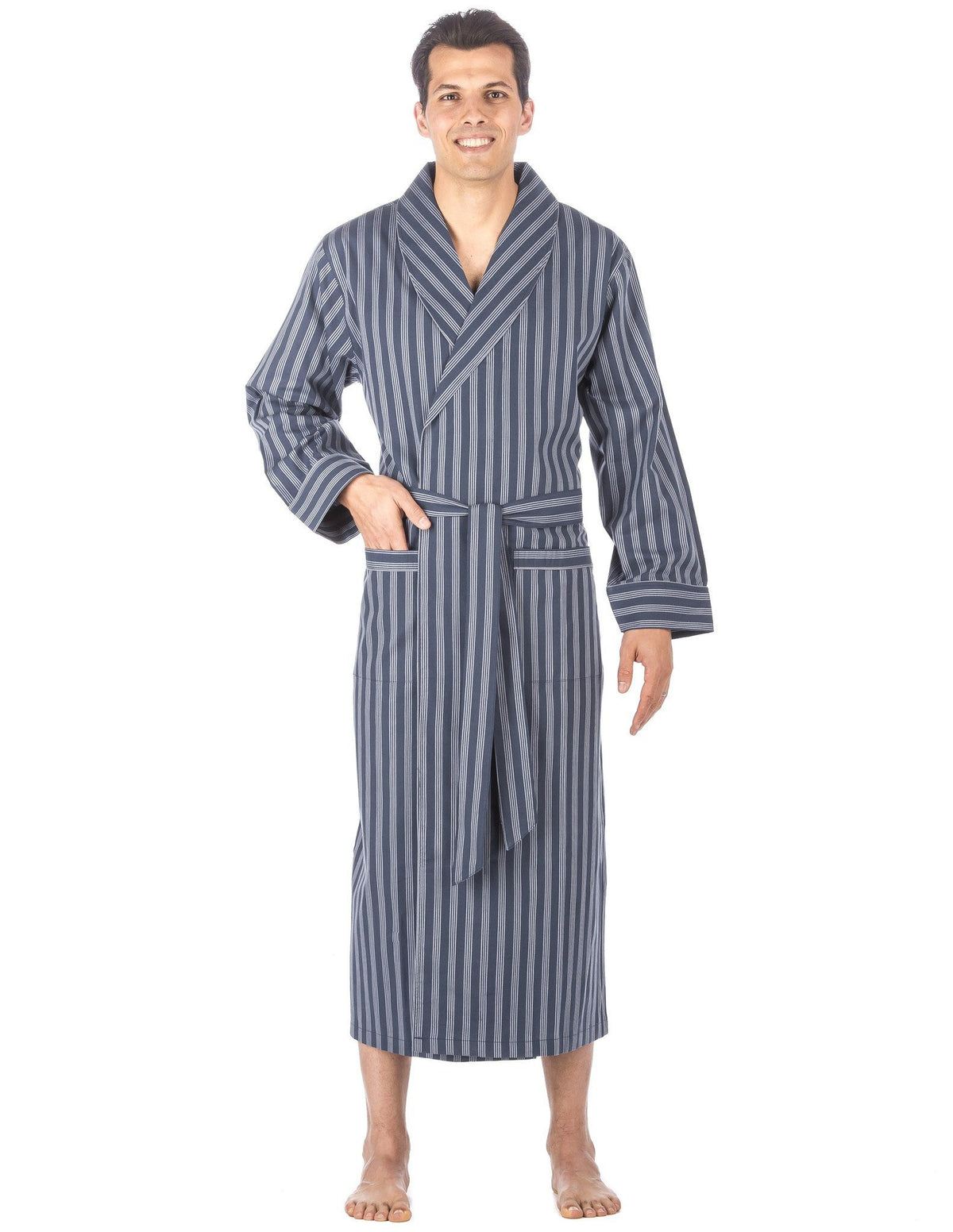 Men's Premium 100% Cotton Full-Length Robe - Stripes Blue Tone