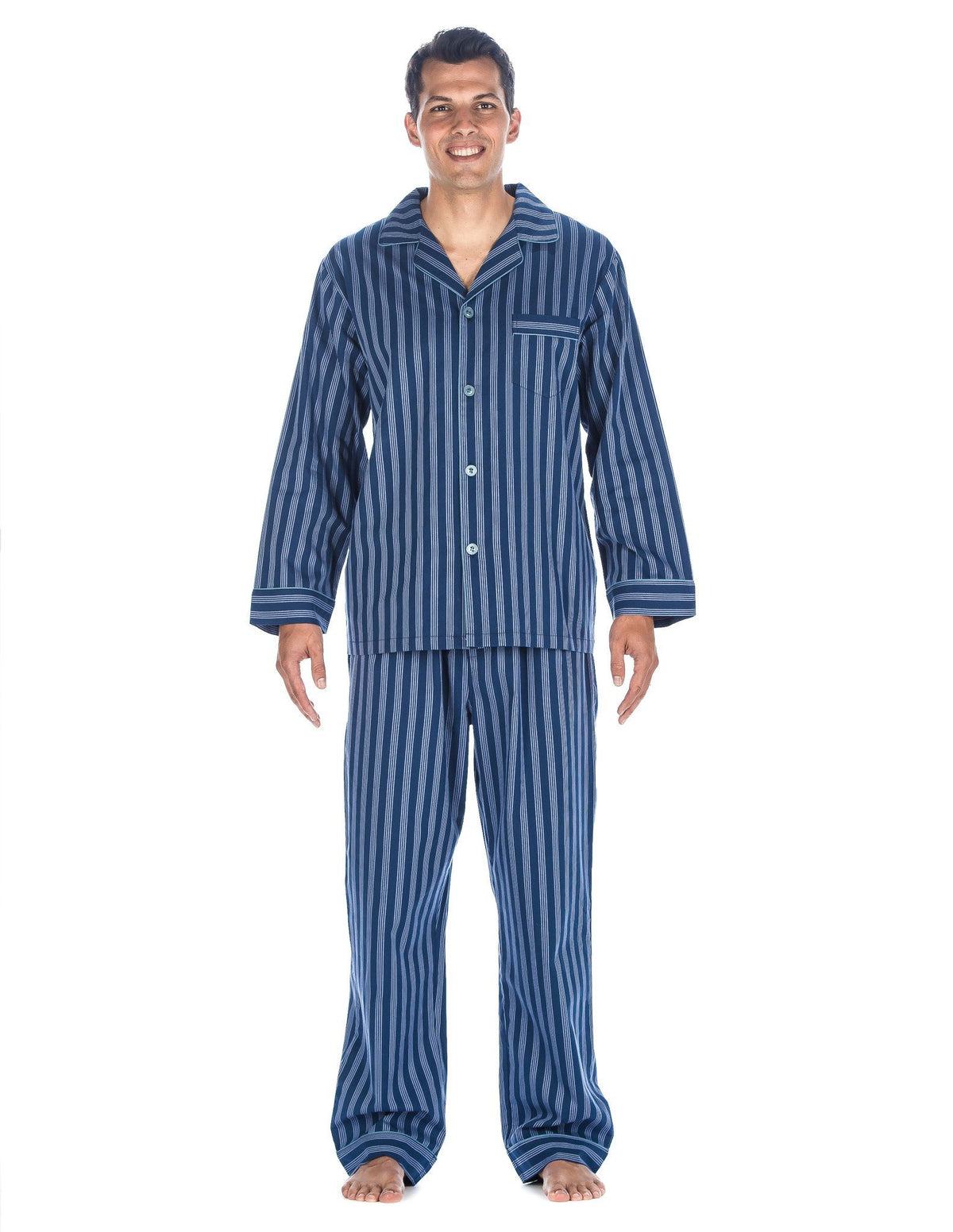 Mens Premium 100% Cotton Woven Pajama Sleepwear Set - Stripes Blue Tone