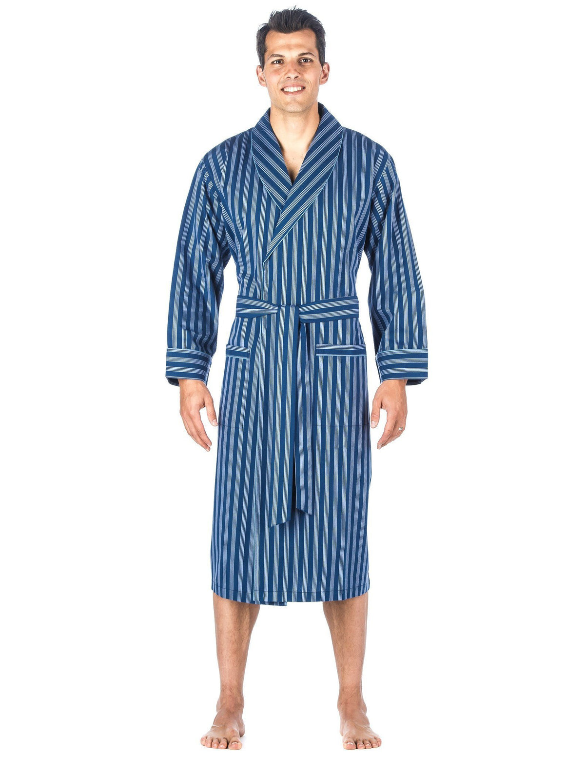 Mens Premium 100% Cotton Robe - Stripes Blue Tone