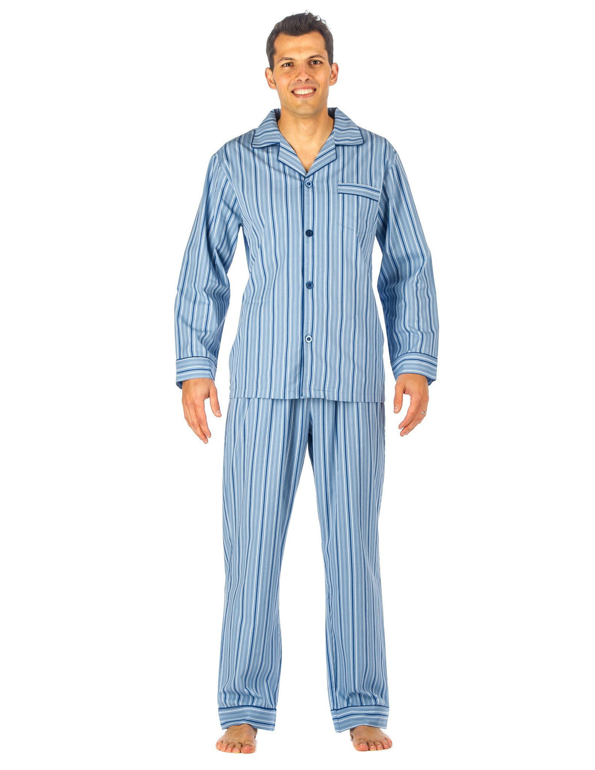 Mens Premium 100% Cotton Woven Pajama Sleepwear Set - Stripes Light Blue