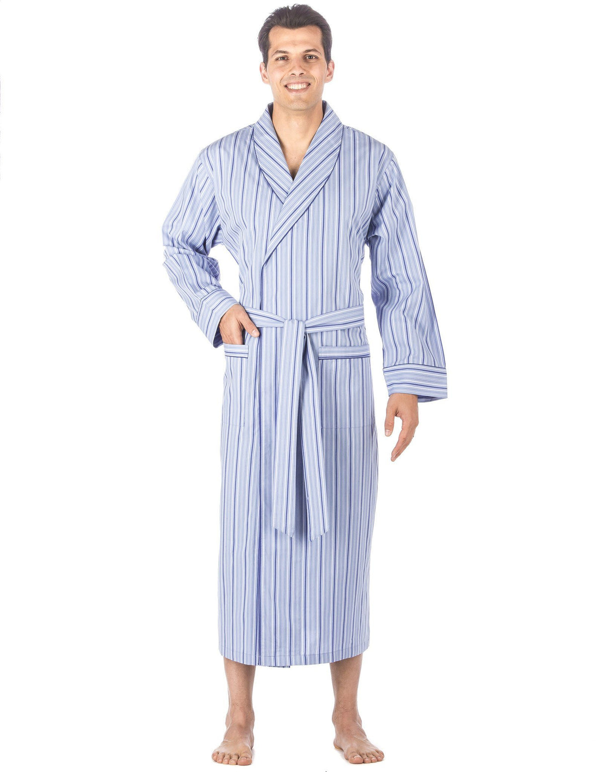 Men's Premium 100% Cotton Full-Length Robe - Stripes Light Blue