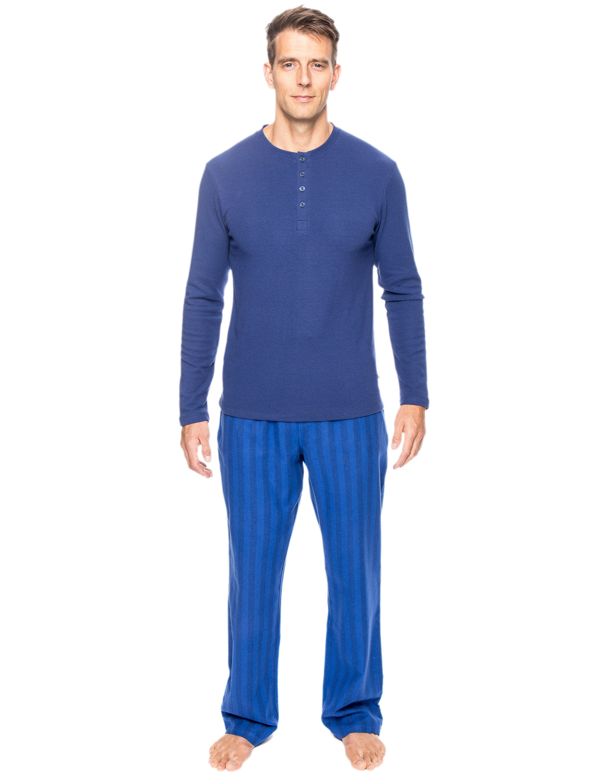 Mens Premium 100% Cotton Flannel Lounge Set - Stripes Tonal Blue
