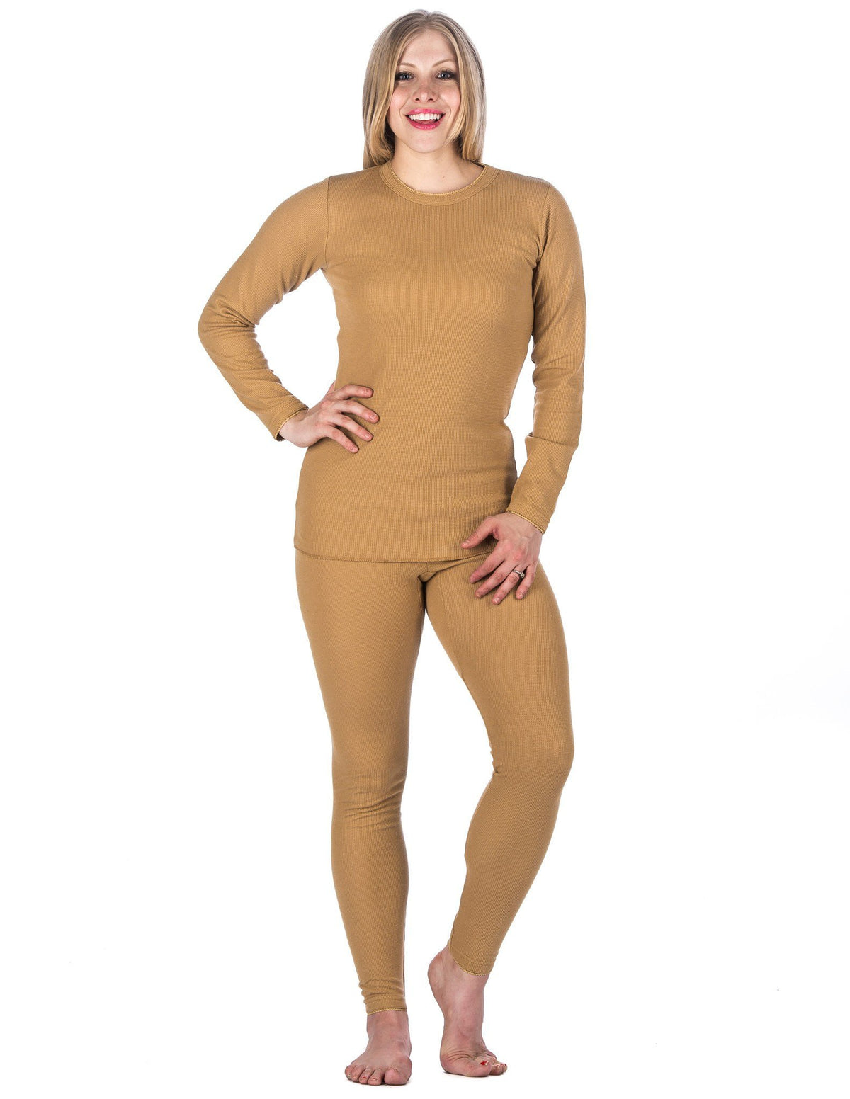 Women's Classic Waffle Knit Thermal Top and Bottom Set - Champagne