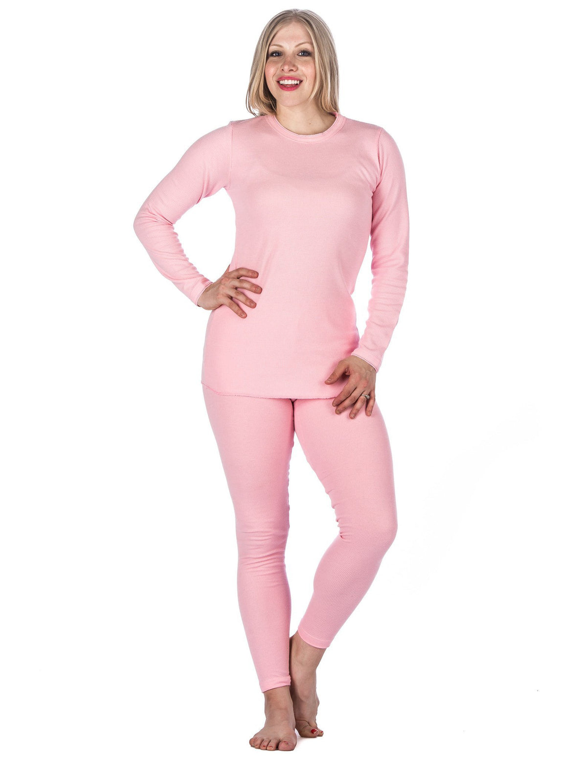 Women's Classic Waffle Knit Thermal Top and Bottom Set - Pink