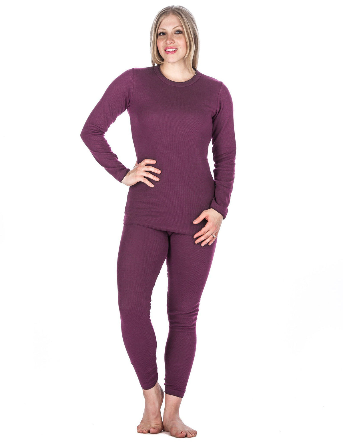 Women's Classic Waffle Knit Thermal Top and Bottom Set - Purple