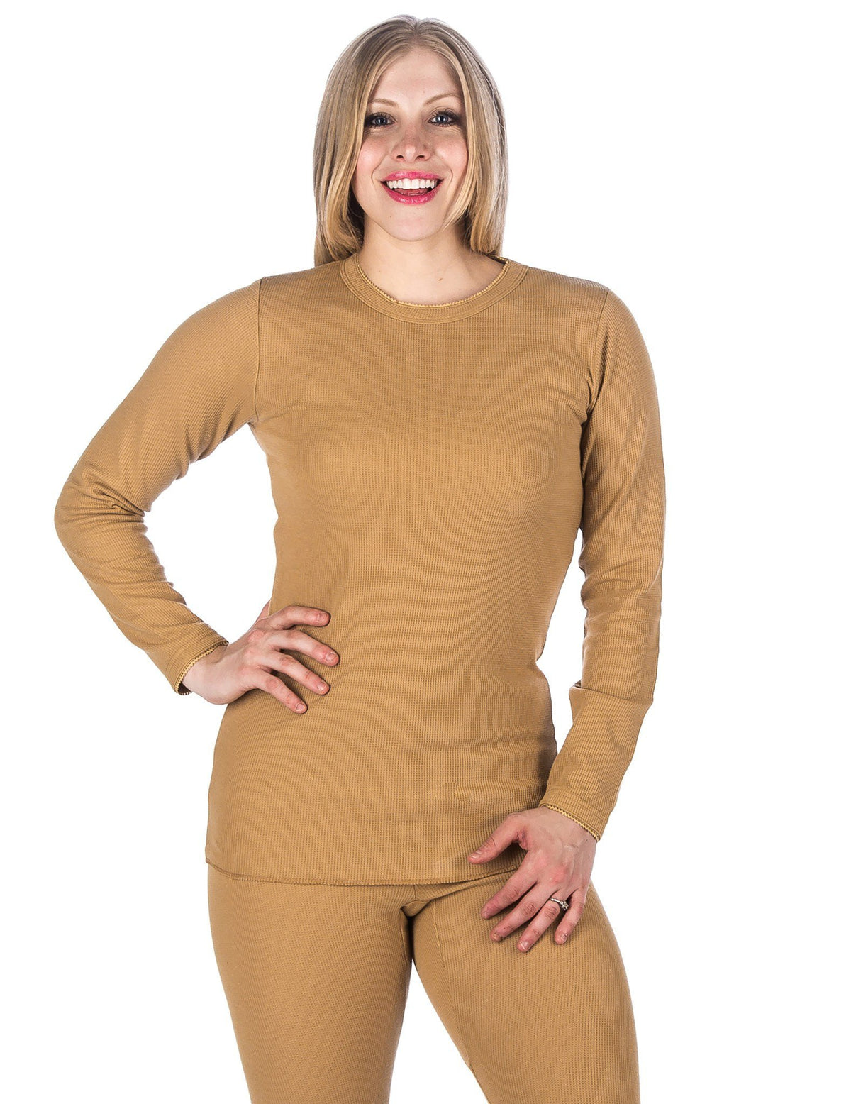Women's Classic Waffle Knit Thermal Crew Top - Champagne