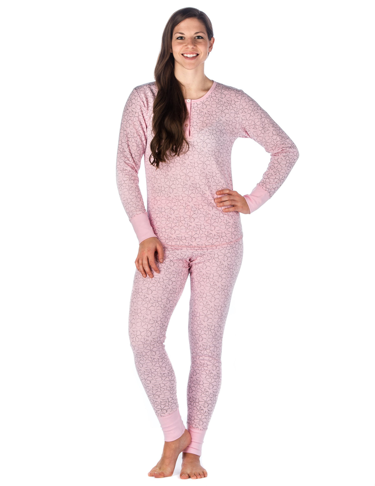 Womens Waffle Knit Thermal Sleep Set - Cute Prints - Floral - Pink
