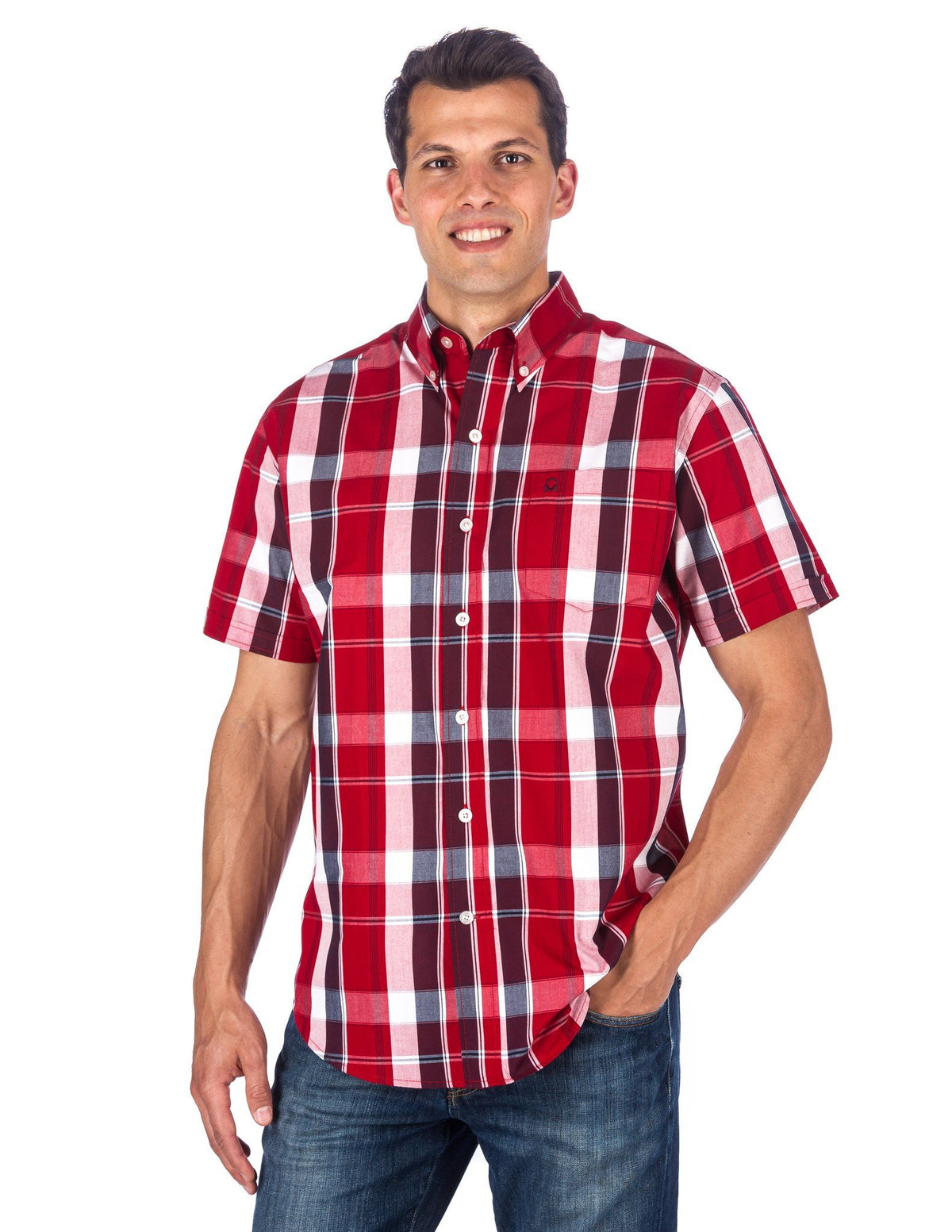 Men's 100% Cotton Casual Short Sleeve Shirt - Regular Fit - Plaid Red/White/Navy