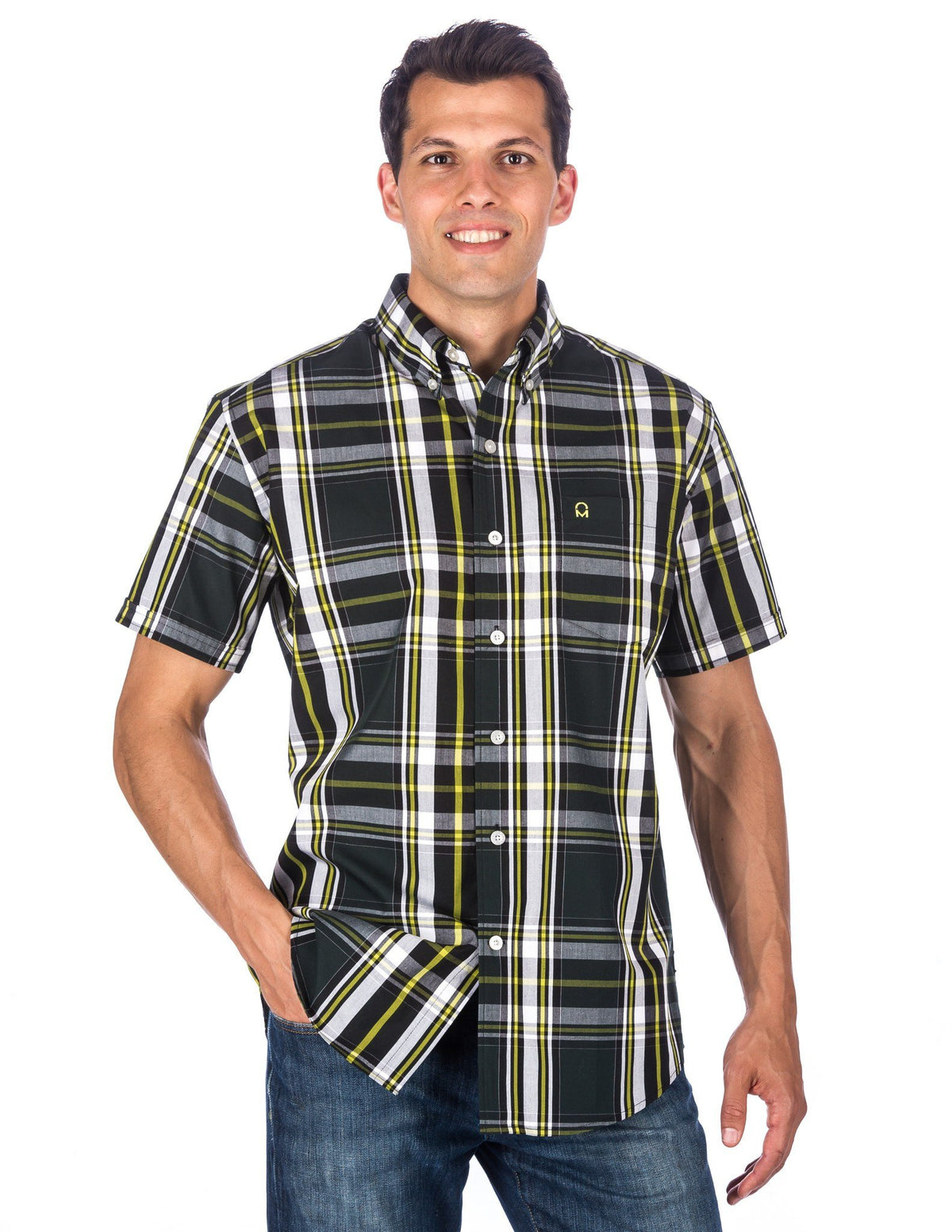 Men's 100% Cotton Casual Short Sleeve Shirt - Regular Fit - Plaid Olive/Green