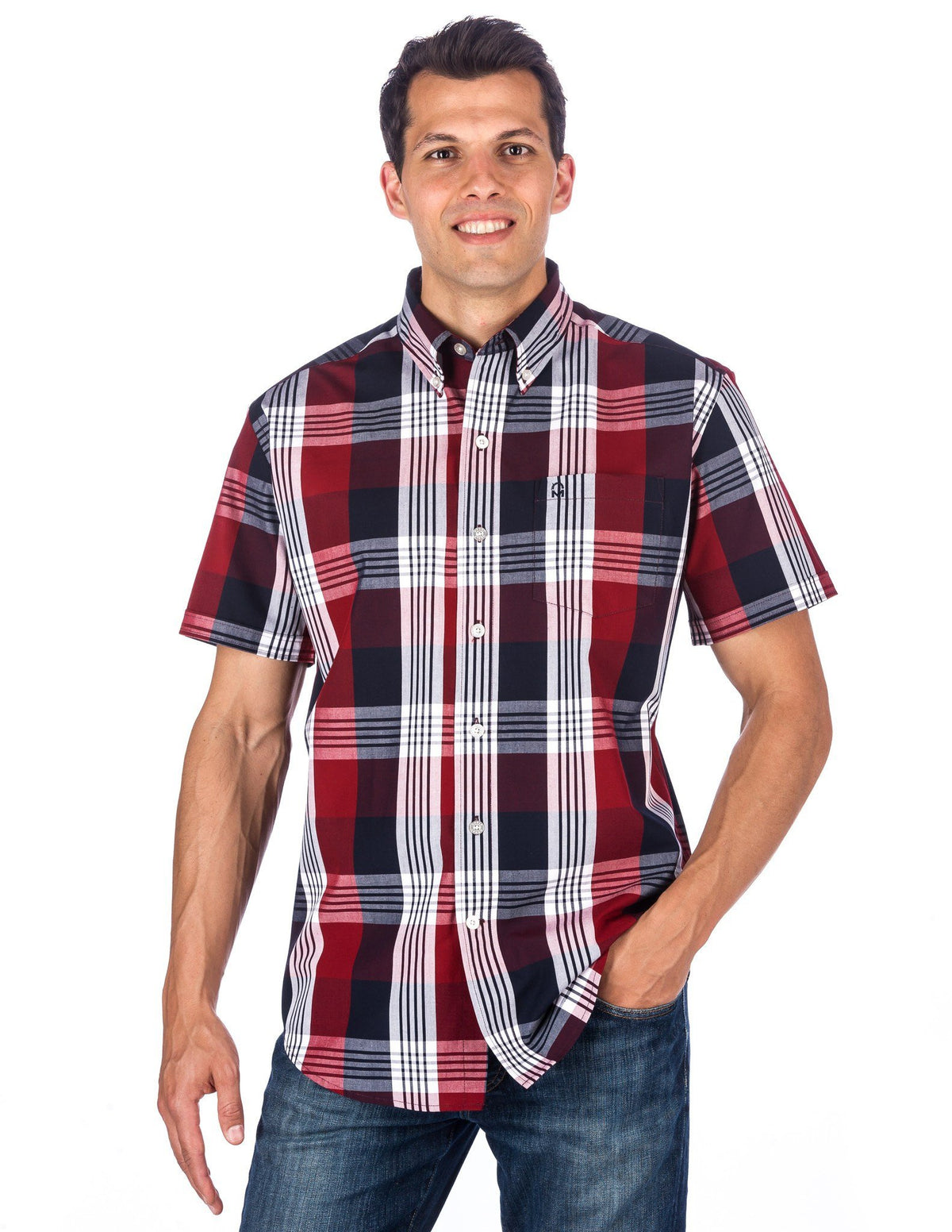 Men's 100% Cotton Casual Short Sleeve Shirt - Regular Fit - Stripe Plaid Red/Navy