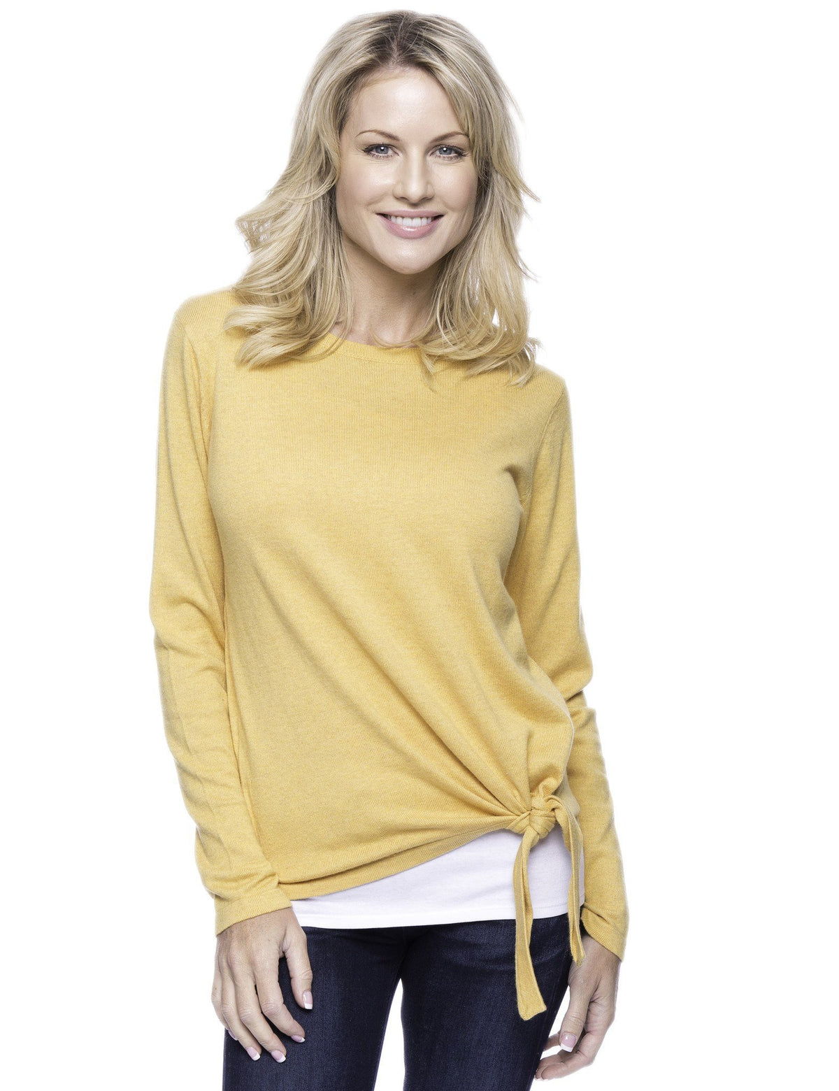Women's Cashmere Blend Bateau Neck Sweater with Hem Tie - Mustard
