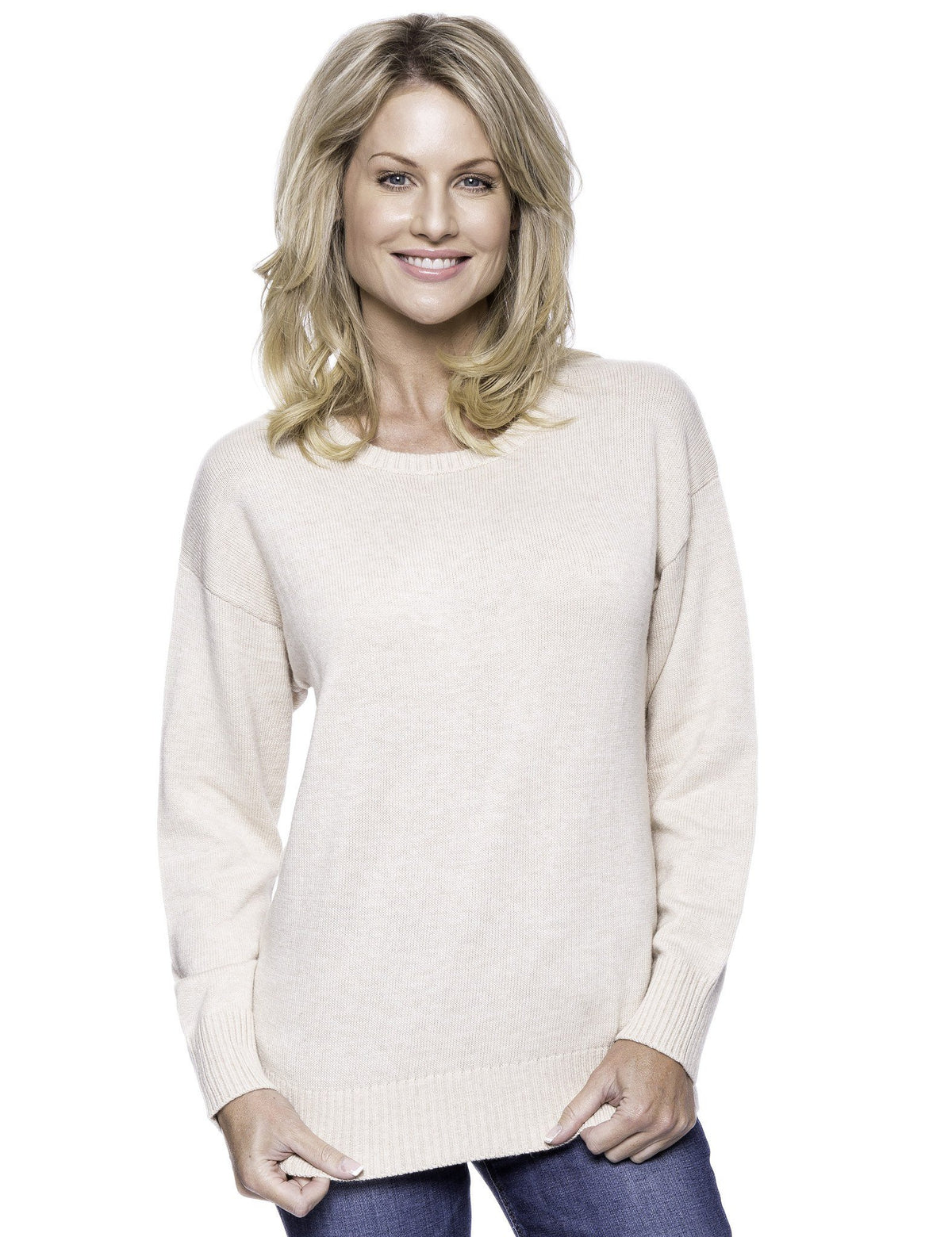 Women's Cashmere Blend Crew Neck Sweater with Drop Shoulder - Oatmeal