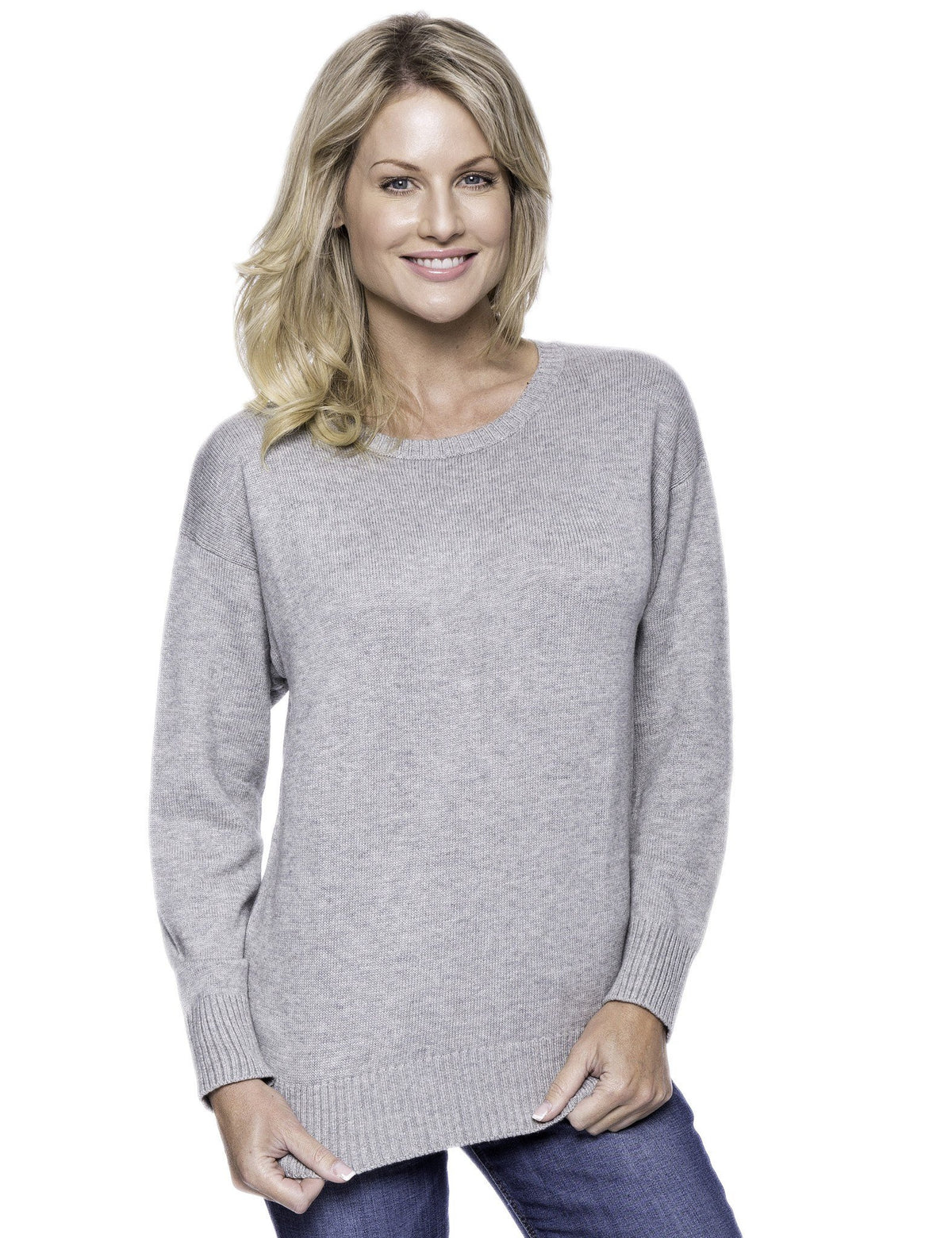 Women's Cashmere Blend Crew Neck Sweater with Drop Shoulder - Heather Grey