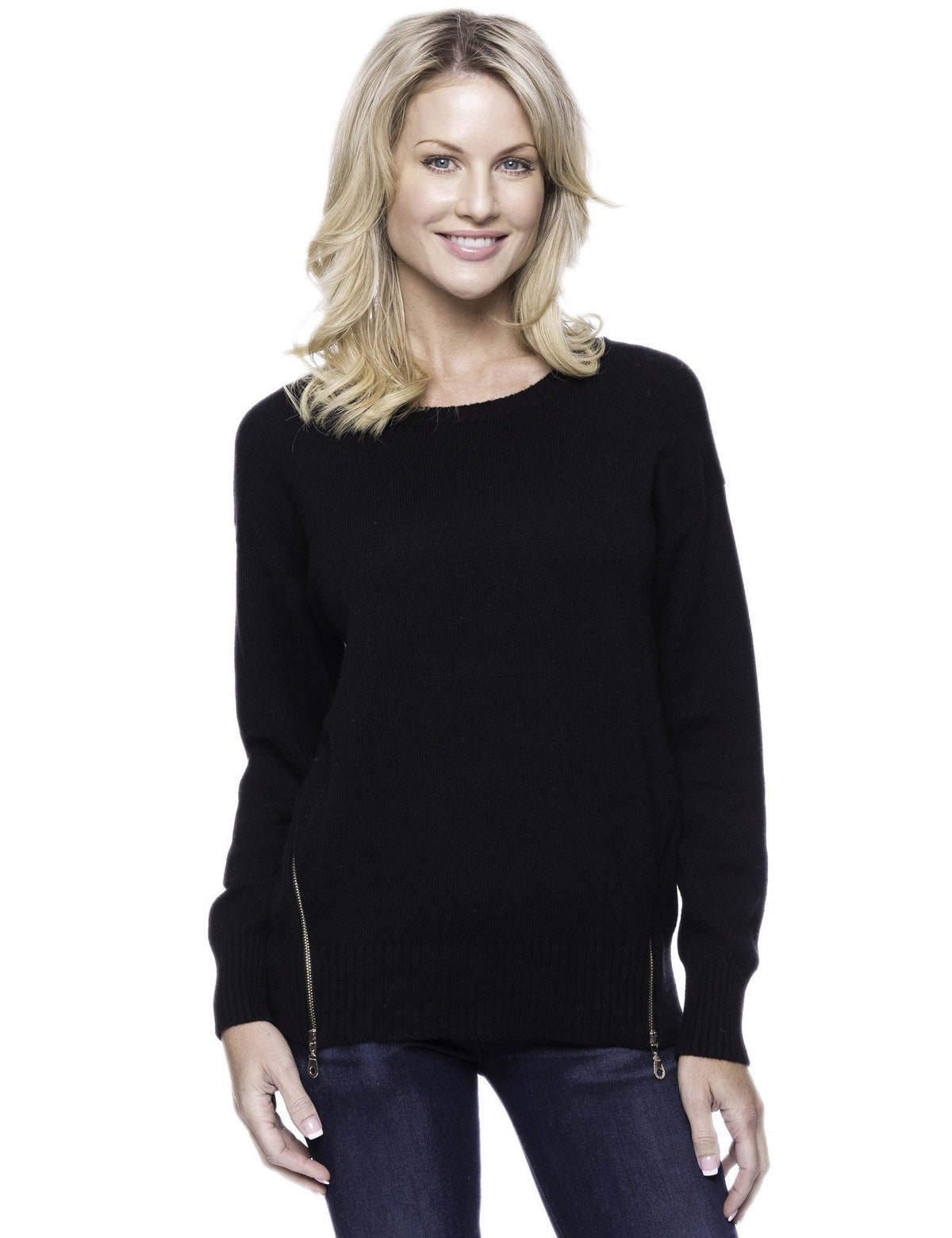 Women's Cashmere Blend Crew Neck Sweater with Side Zip - Black