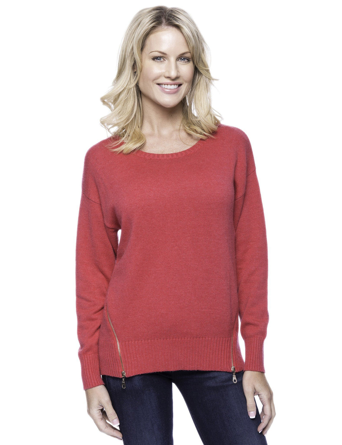 Women's Cashmere Blend Crew Neck Sweater with Side Zip - Fuchsia