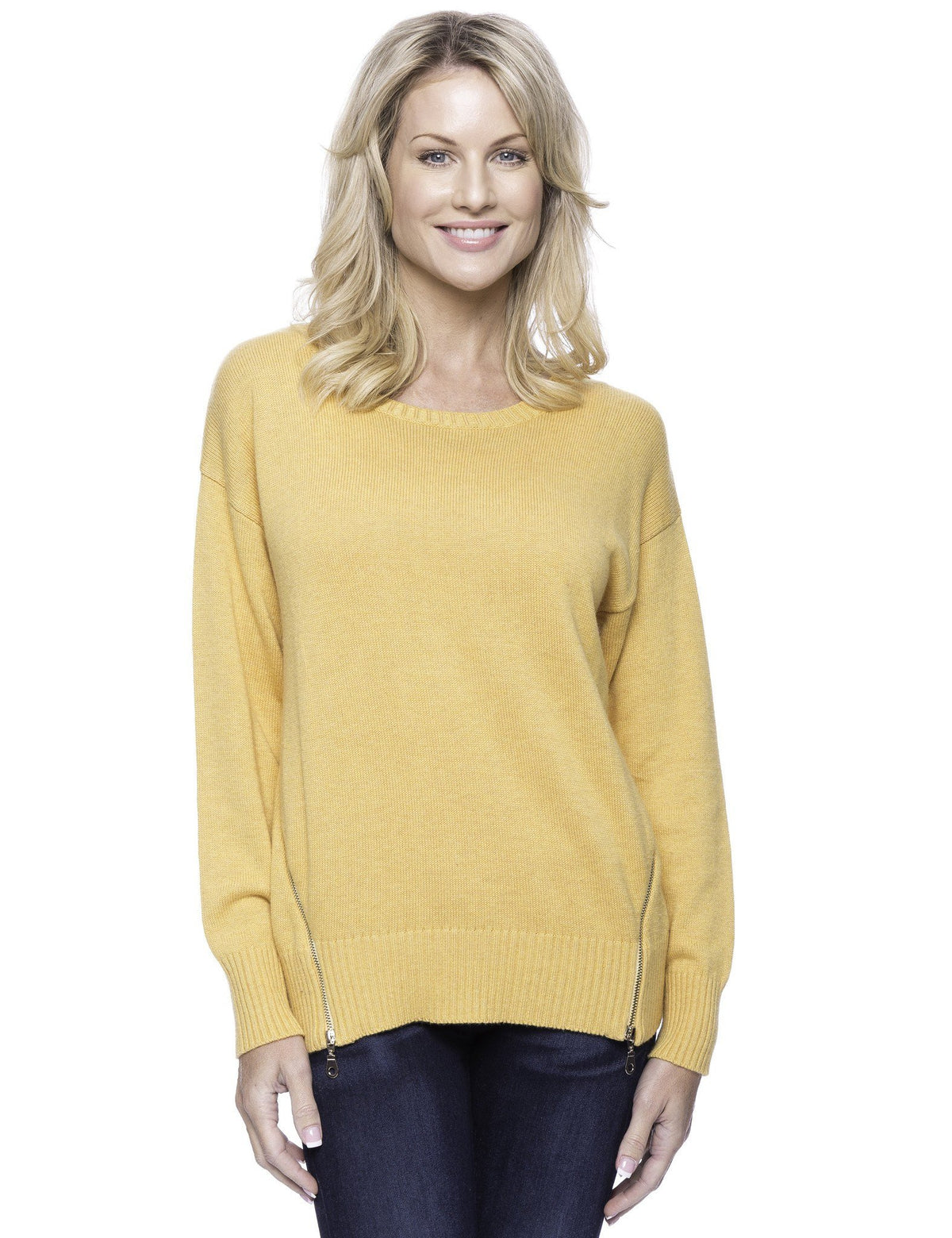 Women's Cashmere Blend Crew Neck Sweater with Side Zip - Mustard