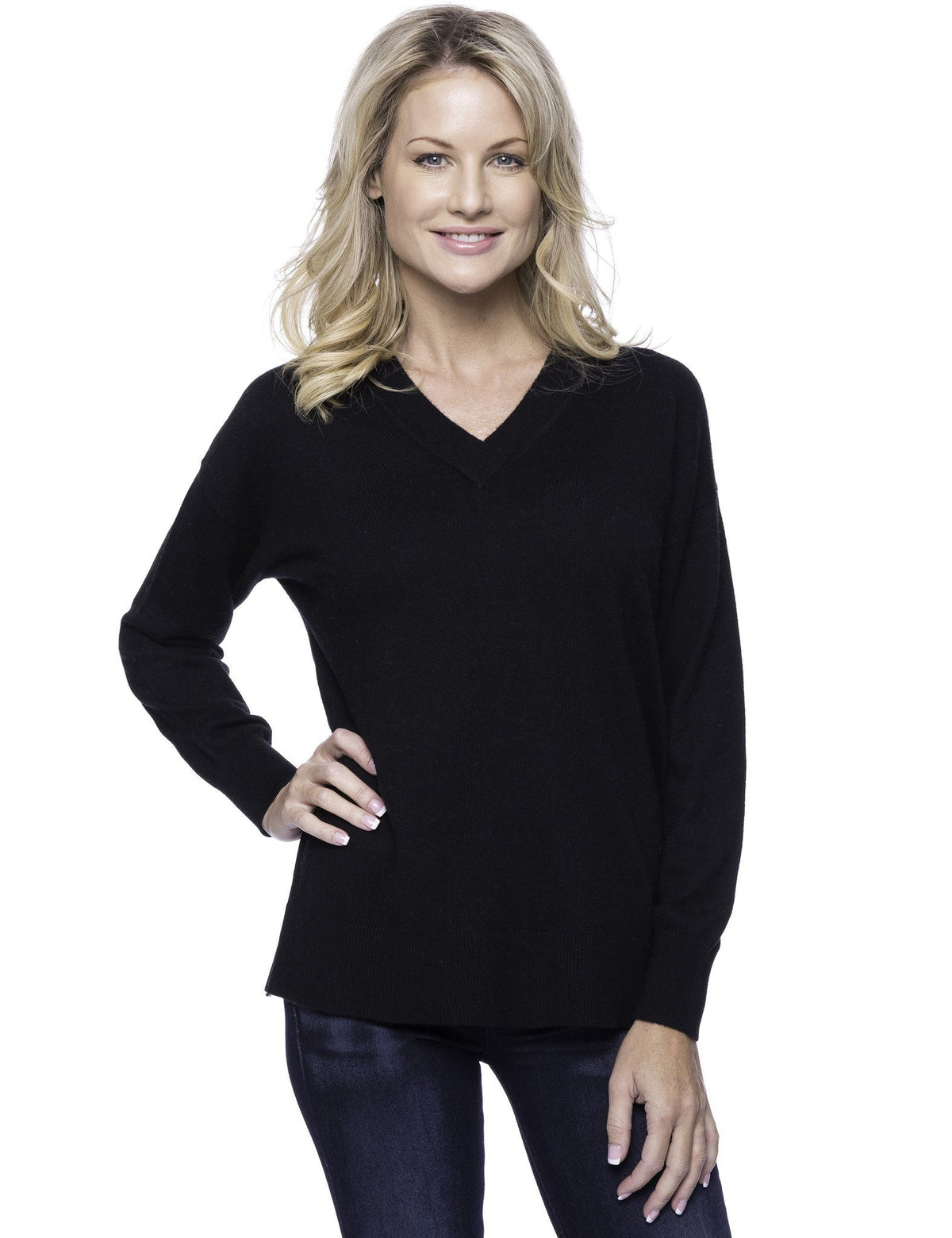 Women's Cashmere Blend Deep V-Neck Sweater - Black