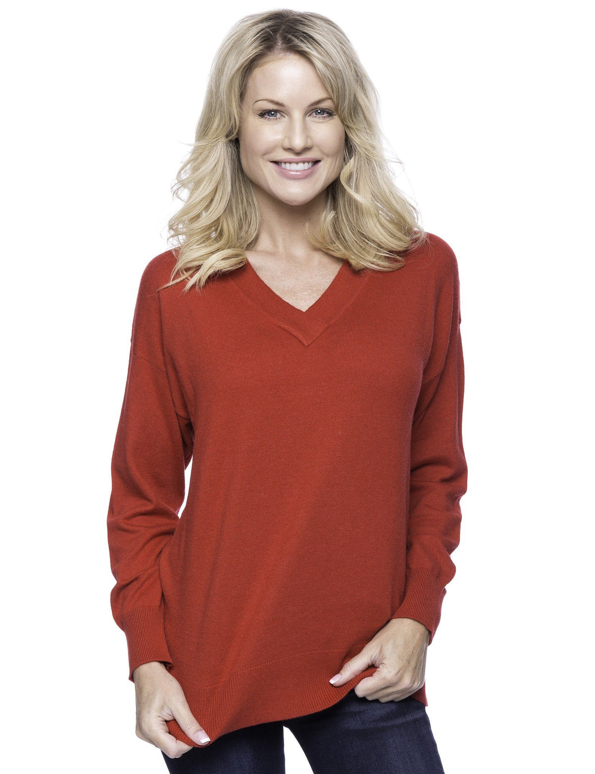 Women's Cashmere Blend Deep V-Neck Sweater - Red