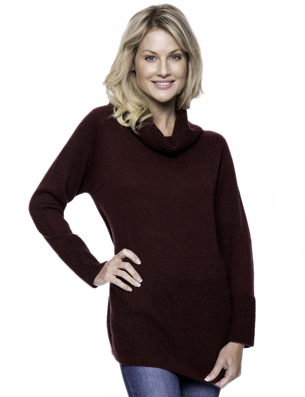 Women's Wool Blend Cowl Neck Sweater with Contrast Stitch Panel - Bordeaux