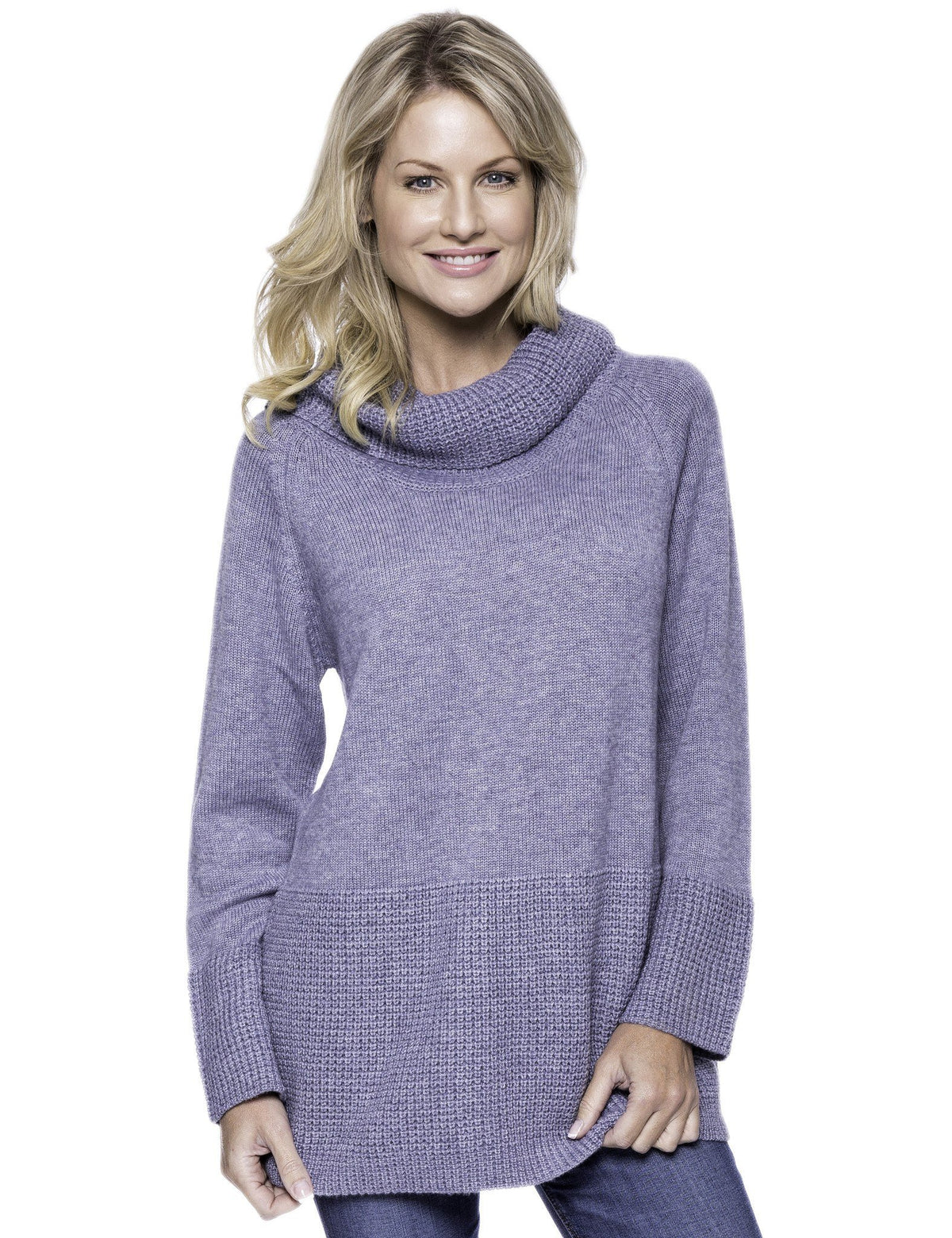 Women's Wool Blend Cowl Neck Sweater with Contrast Stitch Panel - Dark Grey