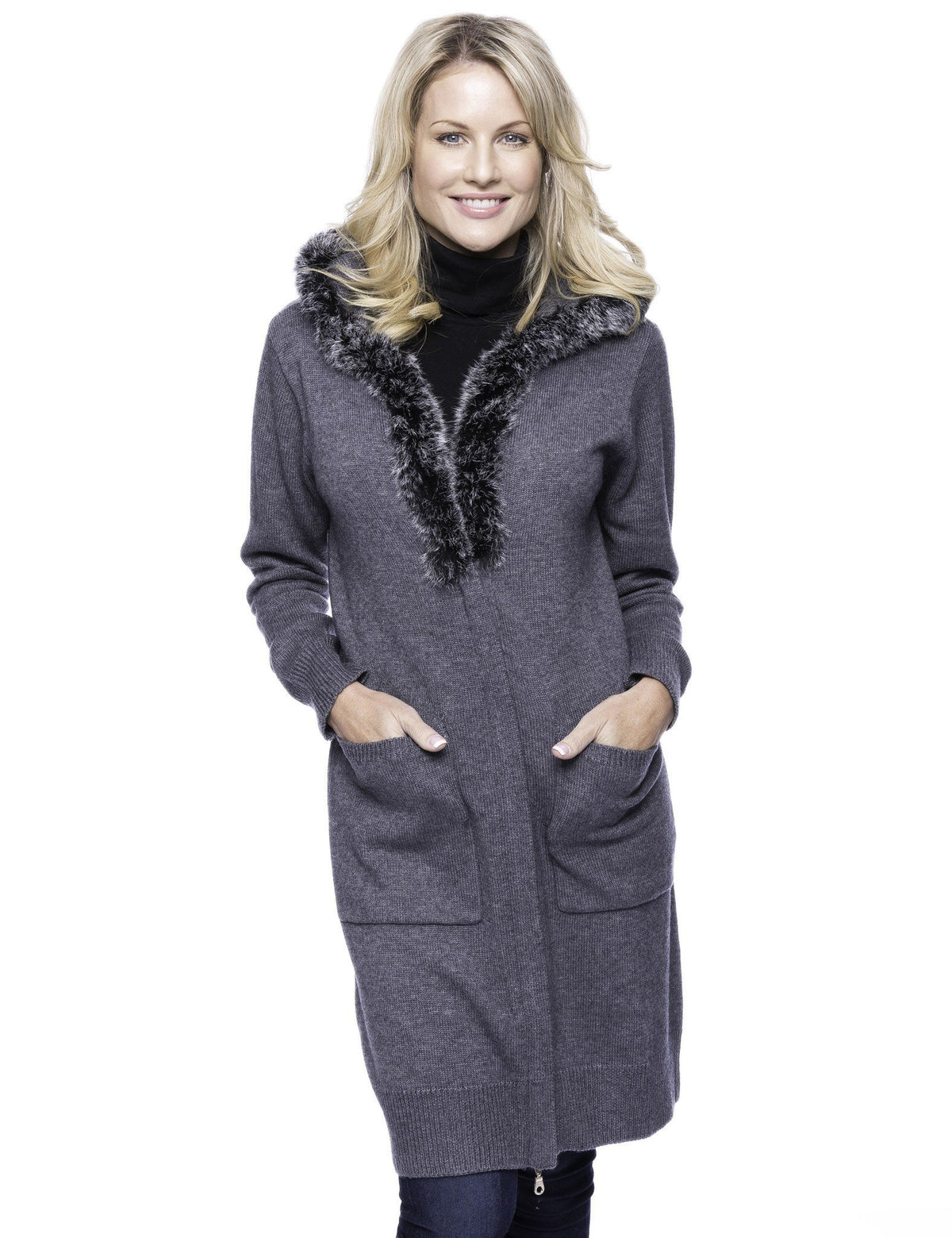 Women's Wool Blend Zip Cardigan with Fur Trim Hood - Charcoal