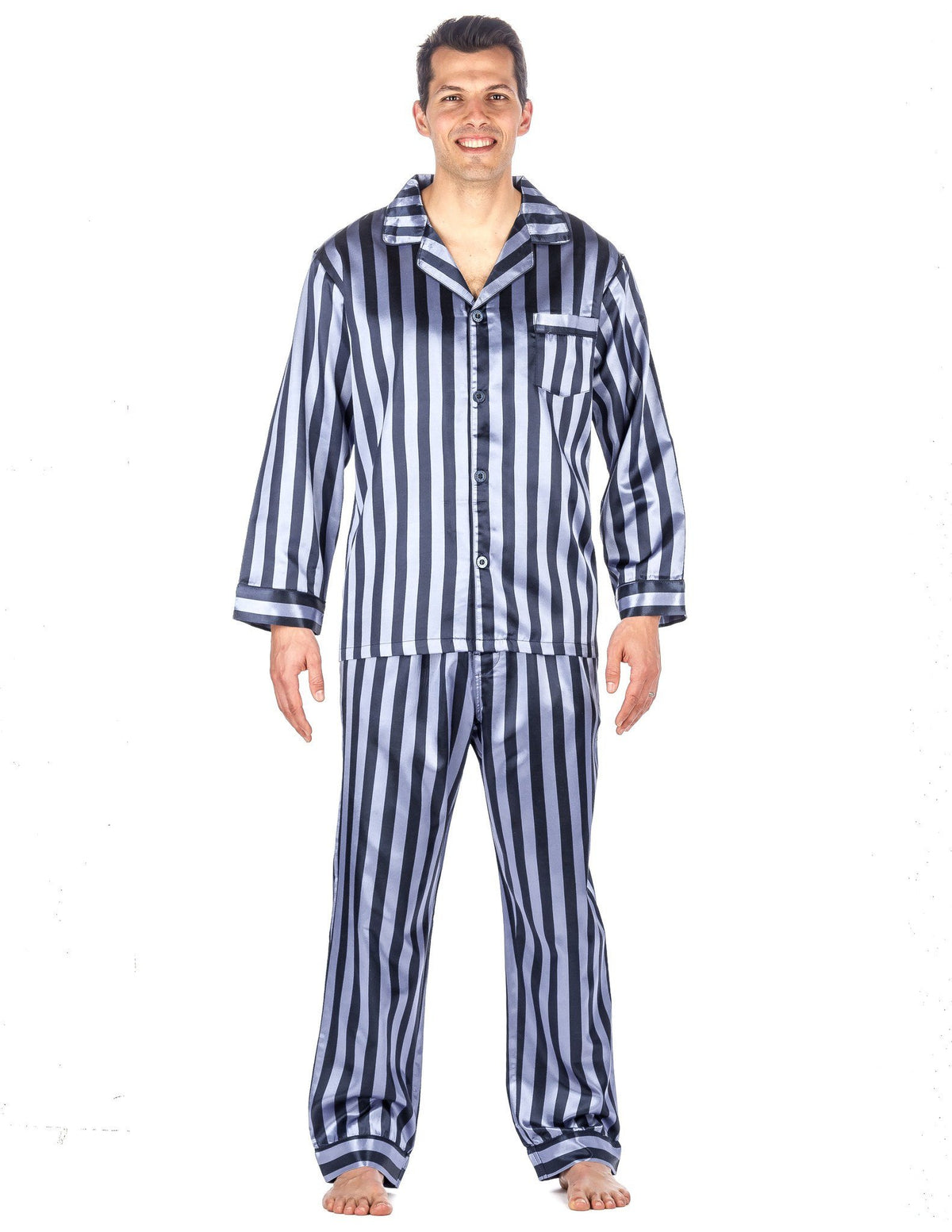 Men's Premium Satin Pajama Sleepwear Set - Denim Stripes
