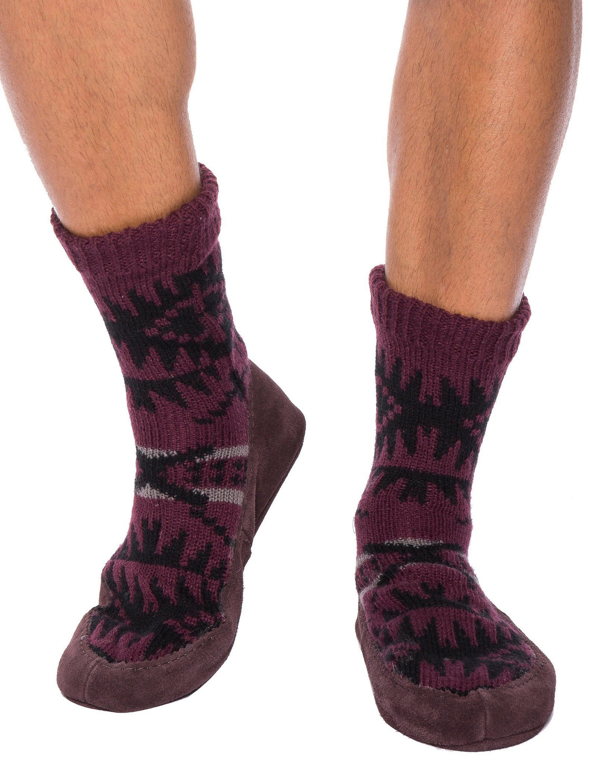 Men's Knit Moccassin Style Slipper Socks with Suede Sole - Fig/Black