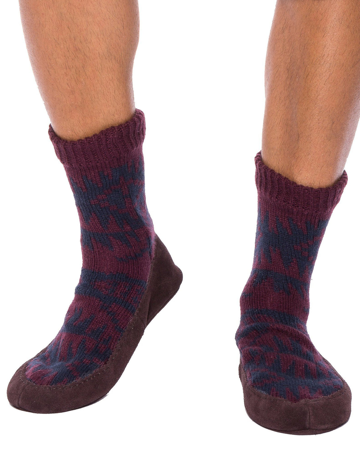 Men's Knit Moccassin Style Slipper Socks with Suede Sole - Fig/Navy
